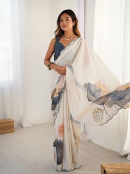 Cream Floral Printed Chinon Saree