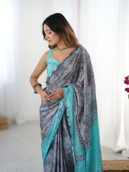 Grey Aqua Chinon Printed Saree