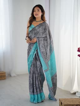 Grey Aqua Chinon Printed Saree