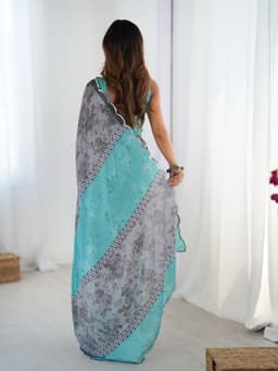 Grey Aqua Chinon Printed Saree