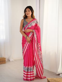 Pink Floral Polka Printed Chinon Saree