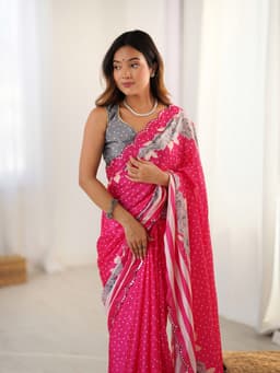 Pink Floral Polka Printed Chinon Saree