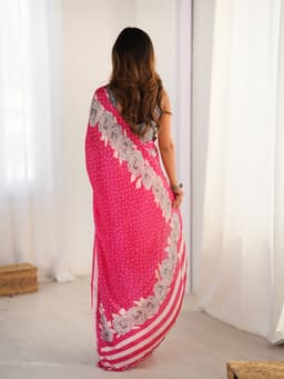 Pink Floral Polka Printed Chinon Saree