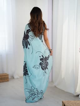 Aqua Black Printed Chinon Saree