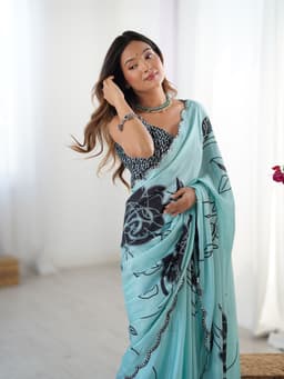 Aqua Black Printed Chinon Saree
