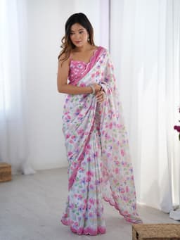 Pastel Floral Printed Chinon Saree