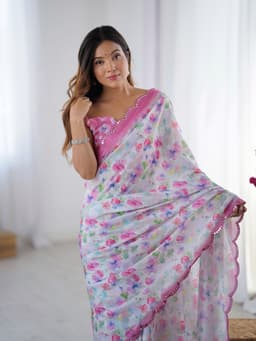 Pastel Floral Printed Chinon Saree