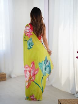 Lime Floral Printed Chinon Saree