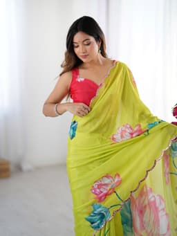 Lime Floral Printed Chinon Saree