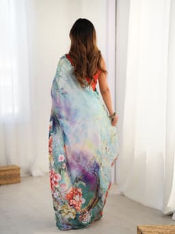 Teal Abstract Floral Printed Chinon Saree