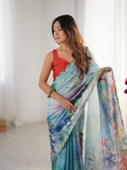 Teal Abstract Floral Printed Chinon Saree