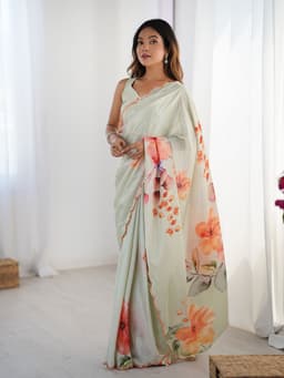 Sage Floral Printed Chinon Saree