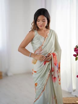 Sage Floral Printed Chinon Saree