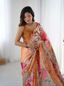 Peach Floral Printed Chinon Saree