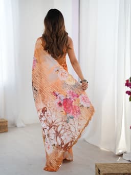 Peach Floral Printed Chinon Saree