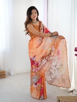 Peach Floral Printed Chinon Saree