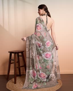 Taupe Floral Printed Georgette Saree