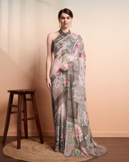 Taupe Floral Printed Georgette Saree