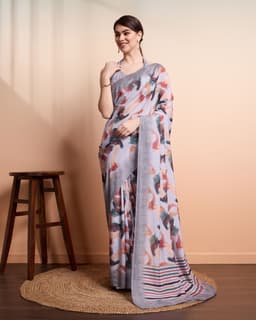Grey Abstract Floral Georgette Saree