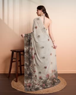 Sage Grey Floral Printed Georgette Saree