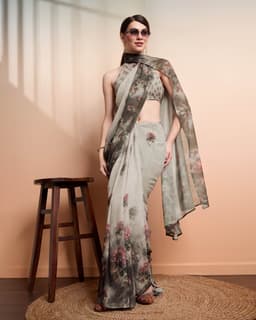 Sage Grey Floral Printed Georgette Saree
