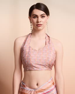 Peach Multi Check Printed Georgette Saree