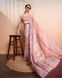 Peach Multi Check Printed Georgette Saree