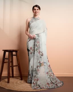 Sage Green Floral Printed Georgette Saree