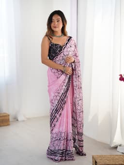 Pink Black Abstract Printed Chinon Saree