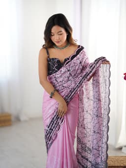 Pink Black Abstract Printed Chinon Saree