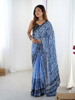 Steel Blue Abstract Printed Chinon Saree