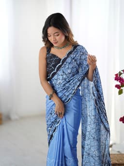 Steel Blue Abstract Printed Chinon Saree