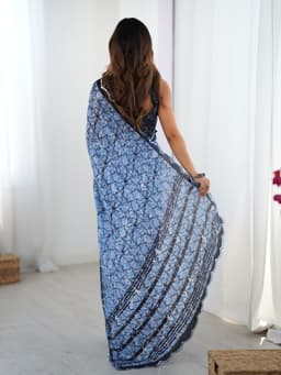 Steel Blue Abstract Printed Chinon Saree
