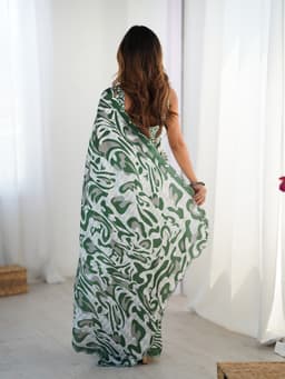Emerald Green Abstract Printed Chinon Saree