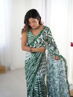 Emerald Green Abstract Printed Chinon Saree