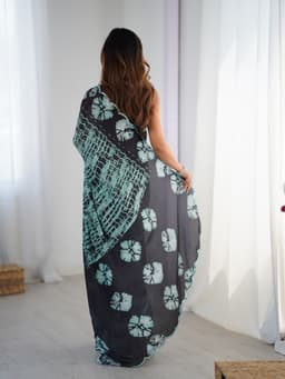 Black Mint Printed Chinon Designer Saree