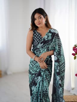 Black Mint Printed Chinon Designer Saree
