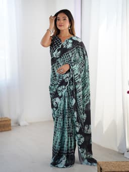 Black Mint Printed Chinon Designer Saree