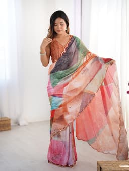 Multicolor Abstract Printed Chinon Designer Saree
