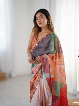 Multicolor Abstract Printed Chinon Designer Saree