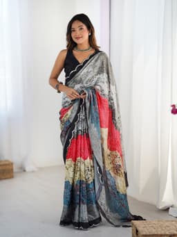 Multicolor Printed Chinon Designer Saree