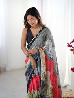 Multicolor Printed Chinon Designer Saree