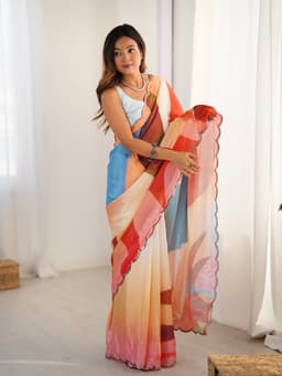 Peach Multicolor Abstract Printed Chinon Designer Saree