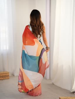 Peach Multicolor Abstract Printed Chinon Designer Saree
