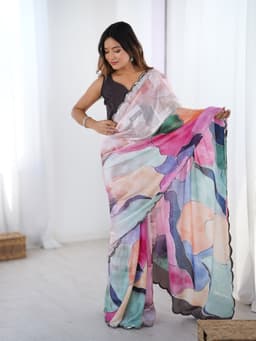 Pastel Multicolor Abstract Printed Chinon Designer Saree