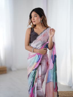Pastel Multicolor Abstract Printed Chinon Designer Saree