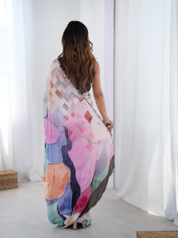 Pastel Multicolor Abstract Printed Chinon Designer Saree