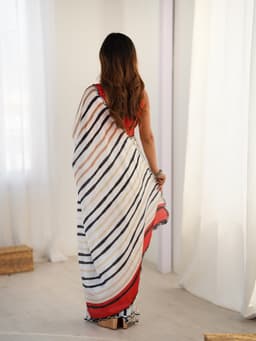 Cream Black Striped Chinon Designer Saree