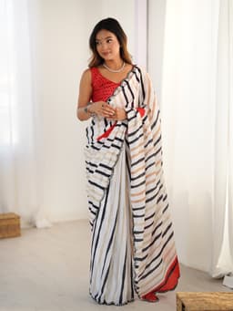 Cream Black Striped Chinon Designer Saree