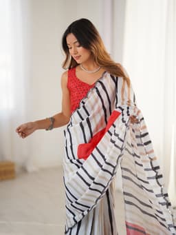 Cream Black Striped Chinon Designer Saree